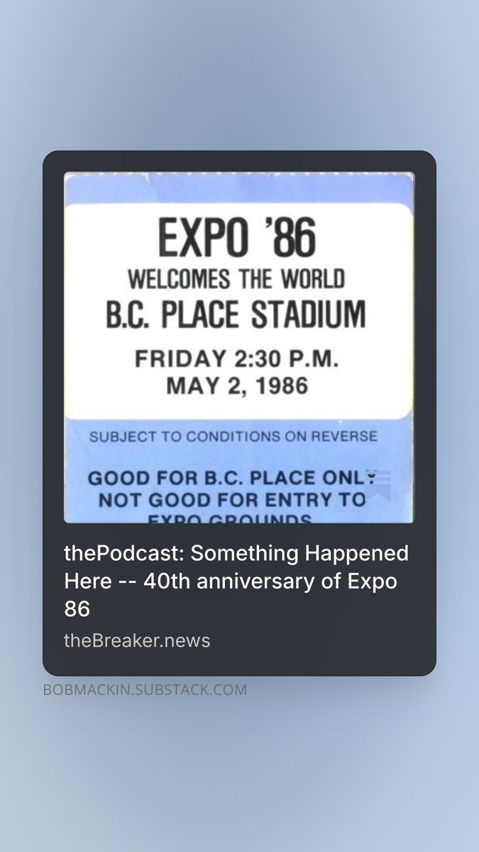 theBreakerNews's tweet image. This week on #thePodcast

The World's Fair that changed Vancouver: 40th anniversary of #Expo86.

@Ayan604 joins @bobmackin to ponder the transportation and communication-themed mega-event and its legacy. #vanpoli #bcpoli

CLICK. WATCH. SHARE. SUBSCRIBE.
open.substack.com/pub/bobmackin/…