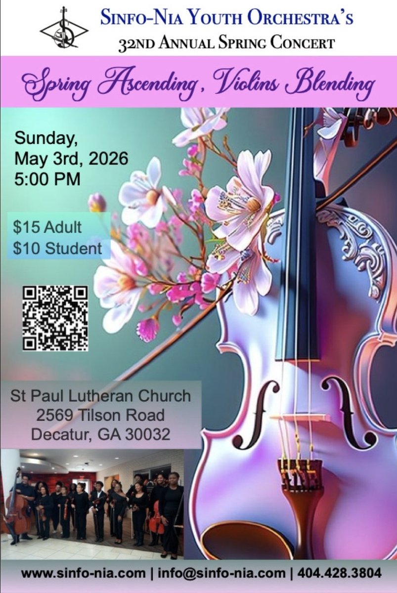 Sinfo-Nia Youth Orchestra's 32nd Spring Concert on Sunday, May 3rd, 5PM at St Paul Lutheran Church in Decatur, GA! Performing  Duke Pearson, Michael Jackson &amp; EWF works, with M. Myron Walker, II of Upper Midland's Chorale Rock Hill, SC as guest conductor. sinfo-nia.com/2026-spring-co…