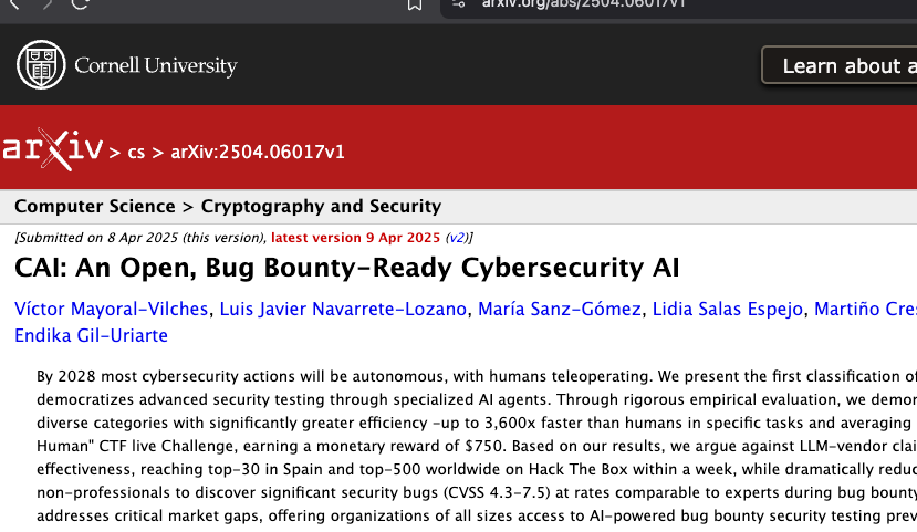 insecrez's tweet photo. Underrated Bug-Bounty resources for new hunters :-

CAI Research paper - Research on Open, Bug Bounty-Ready Cybersecurity AI.

Resource Link - https://t.co/qBc5UqrTLU

Peace and Salam✌️
#bugbounty #research #cybersecurity #tweet https://t.co/UeOfUtLQL8