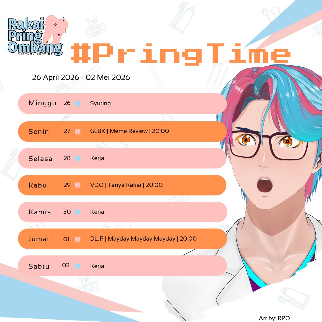 RakaiVDentist's tweet photo. Jadwal Tayang
26/04/2026-02/05/2026
terbit setiap Sabtu
TANYA RAKAI RABU INI! KONSULTASI GIGI SAMA ANIME DENGAN HOBI KEDOKTERAN GIGI!
Hari senin kita nyimak meme Bang Kai
Hari Jumat kita ngobrol yuks!
Link Ruang tunggu dan formulir konsultasi di kolom komentar!
#PringTime https://t.co/BHHf1mm51L
