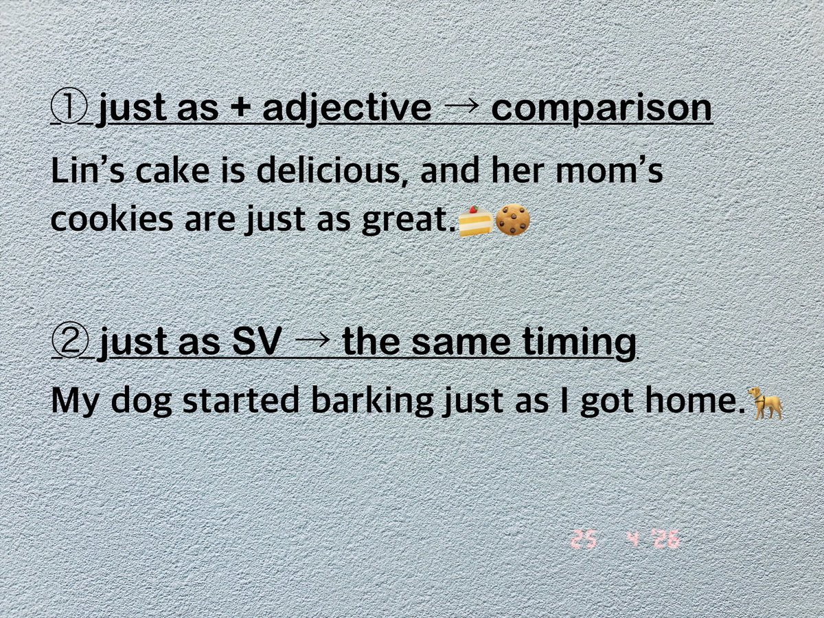 forn2017's tweet image. 📕#Diary 

I got to learn 2 meanings of “just as” 2 days in a row.
I made a summary and example sentences to avoid forgetting them.

Understanding something new and being able to use it by myself are quite different!
Phew😵‍💫

#English