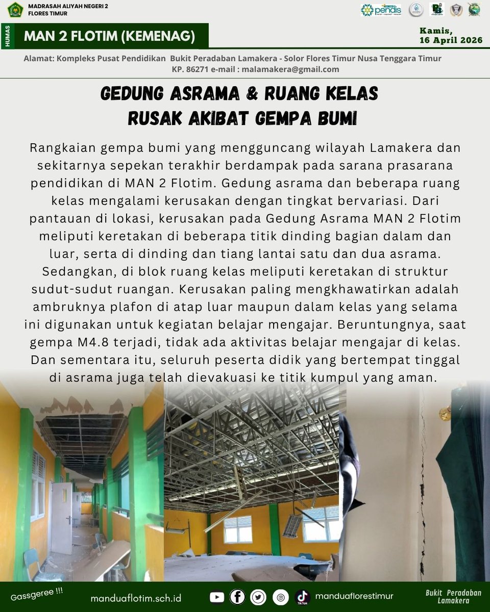 MandaFlotim's tweet photo. Kerusakan Gedung Madrasah Aliyah Negeri 2 Flores Timur Akibat Gempa yang Hingga Saat Ini Terus Terjadi.
#mandagasgerrreee #bukitperadabanlamakera #majubermutumendunia #kelasjurnalistik https://t.co/HZk5izBMWs