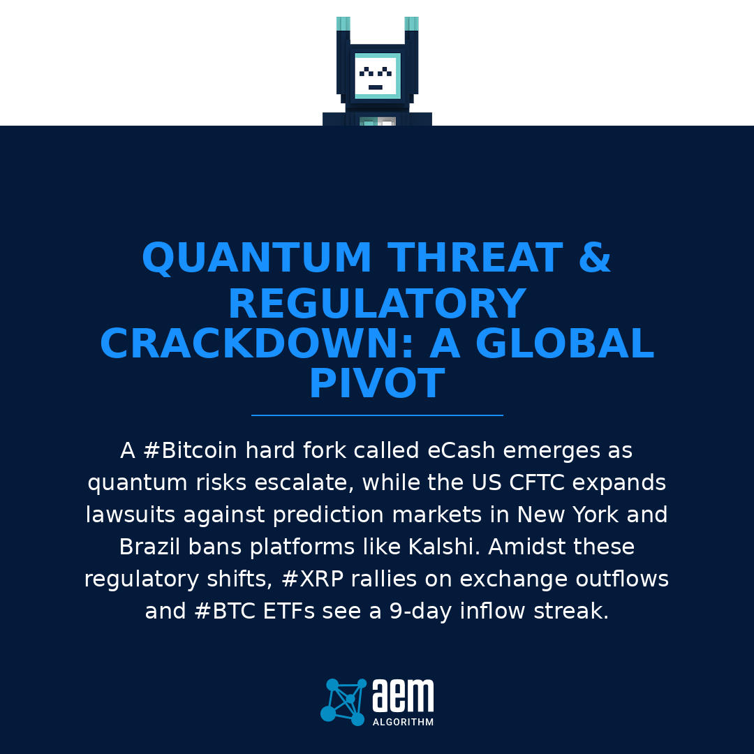 AEM_Algorithm's tweet image. As #Bitcoin developer Paul Sztorc announces the #eCash hard fork to counter #quantum threats, global regulation tightens with the US CFTC suing NY states and Brazil banning #Kalshi. Despite this, #XRP surges on outflows while #BTC ETFs enjoy a 9-day inflow streak.
#MrJournaler...