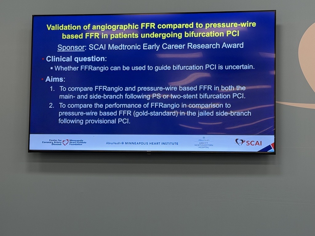 SCAI's tweet image. Early Career Research Grant recipient Yader B. Sandoval, MD, FSCAI, presents findings of his study "Validation of Angiographic FFR Compared to Pressure-wire Based FFR in Patients Undergoing Bifurcation PCI" at #SCAI2026. 

#InterventionalCardiology #CardioX #PCI @kevinjamescroce