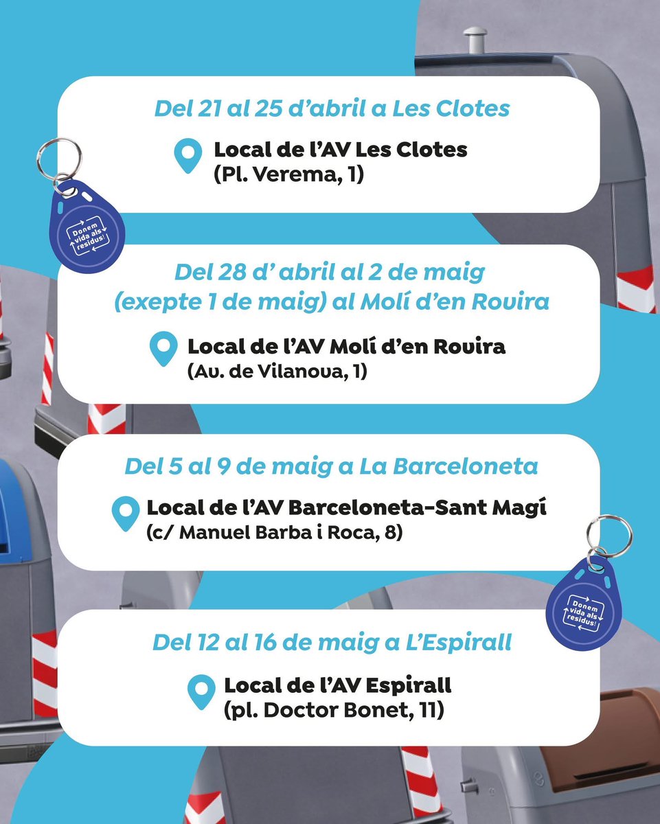 VilafrancaAj's tweet photo. 📍 Quan arriba el nou sistema al teu barri?

♻️La implantació del nou sistema de recollida de residus a #Vilafranca va començar el 21 d’abril i s’allargarà fins al 13 de juny, barri a barri.

🌐 Tota la informació a https://t.co/gSRcq811YY https://t.co/sXlc72Oksu