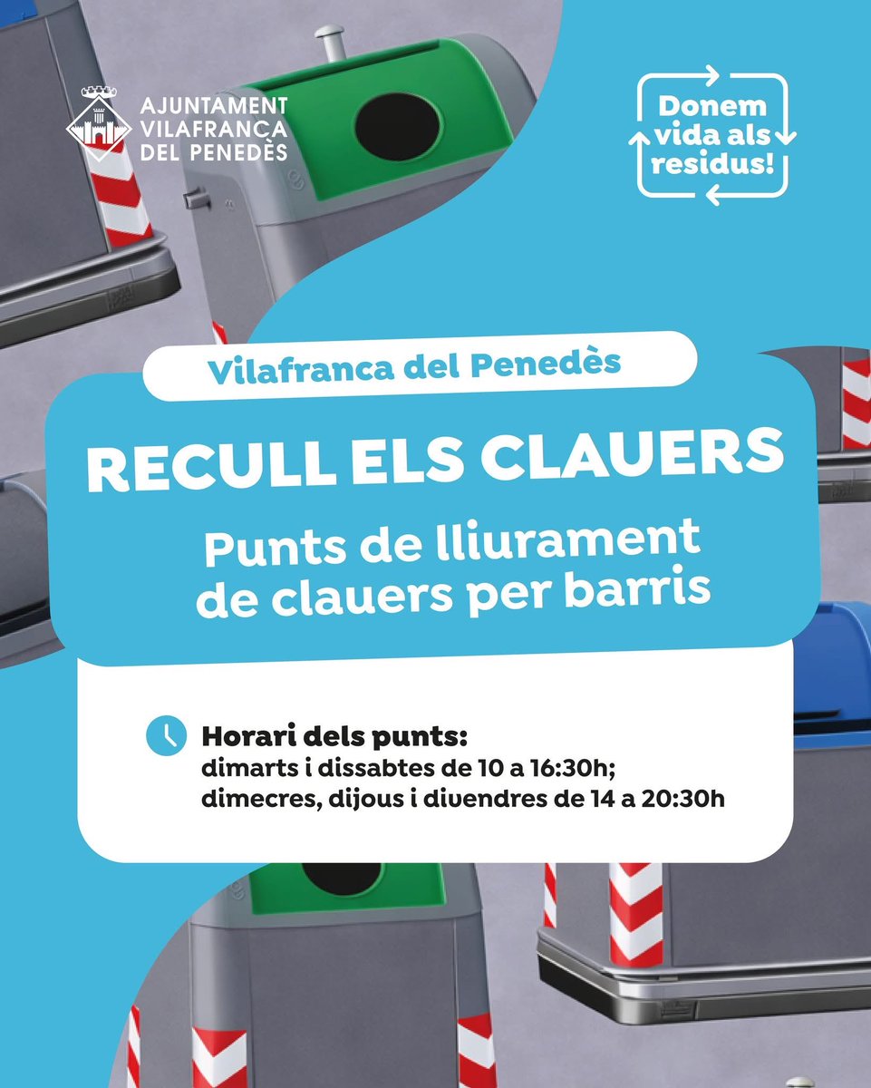 VilafrancaAj's tweet photo. 📍 Quan arriba el nou sistema al teu barri?

♻️La implantació del nou sistema de recollida de residus a #Vilafranca va començar el 21 d’abril i s’allargarà fins al 13 de juny, barri a barri.

🌐 Tota la informació a https://t.co/gSRcq811YY https://t.co/sXlc72Oksu