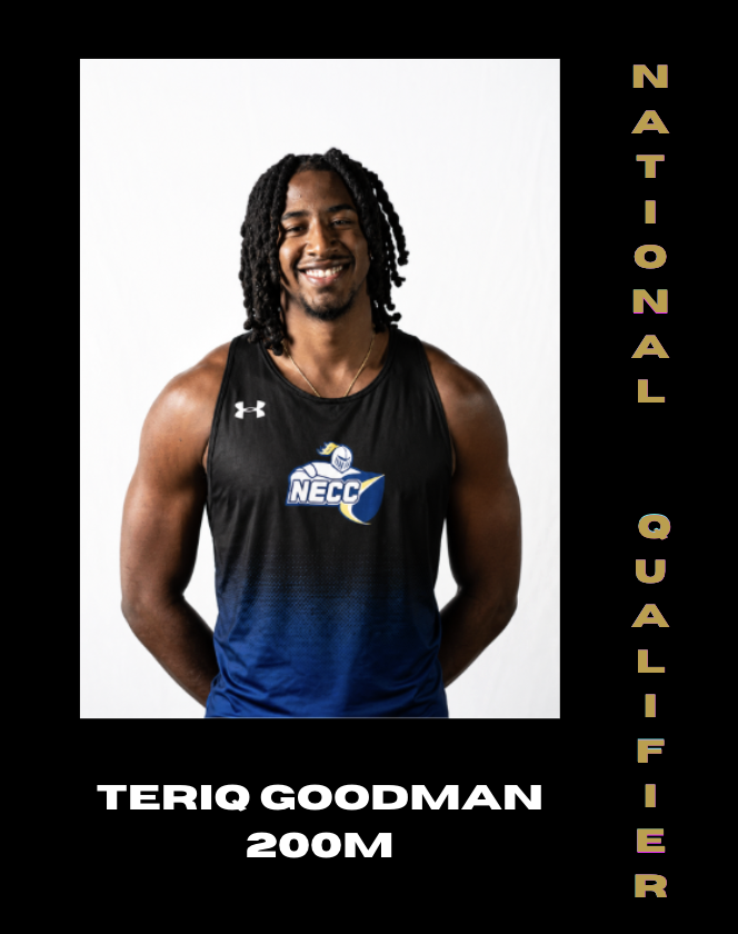 NECCKnightsTF's tweet photo. In the last meet of the regular season, Teriq Goodman hit the national meet qualifying mark in the 200m with a huge personal best of 23.02. Teriq will represent the Knights at the NJCAA National Meet in May. 🔥 https://t.co/YhtnFajypo