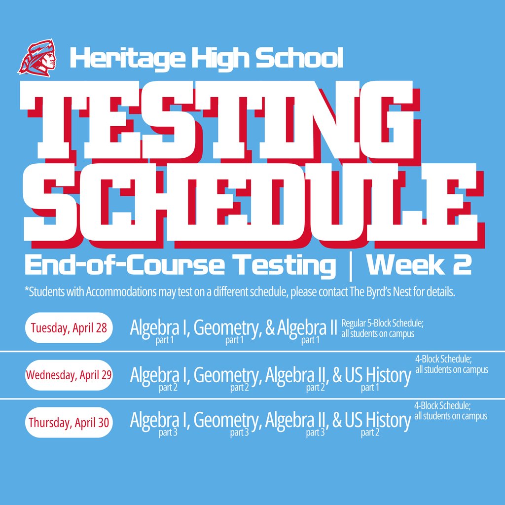HHSMountaineers's tweet image. 📝 EOC Testing continues!!!

Check the schedule for details. ALL students are on campus each day this week; we will be on a 4-block schedule on Wednesday (4/29) and Thursday (4/30).

Finish strong, Mountaineers!💪

#CLIMB #HHSmountaineers #WeAreHeritage