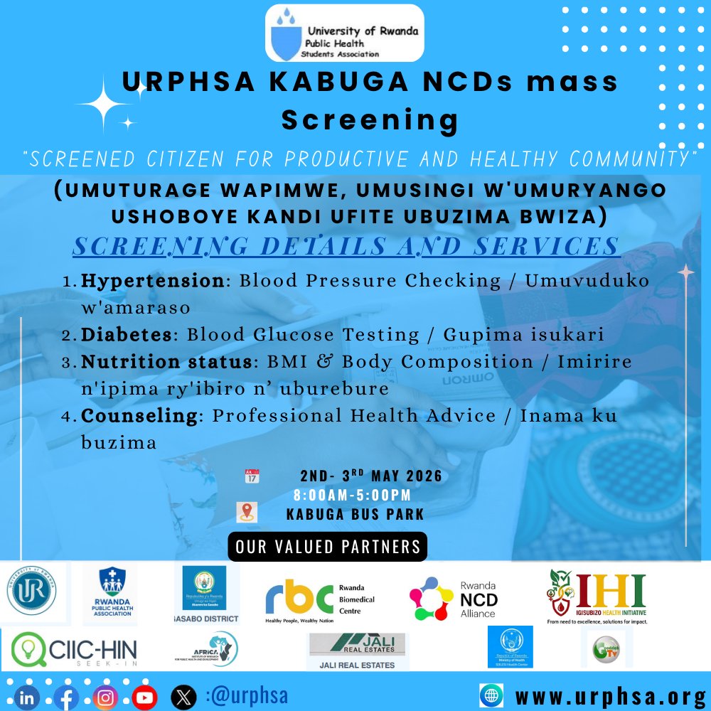 GedeonNiyigaba's tweet image. Did you know NCDs cause nearly 45% of deaths in Rwanda? 🇷🇼

Don’t be a statistic. Join the URPHSA team at Kabuga Bus Park for a FREE health check-up! 

📍 Kabuga Bus Park
📅 May 2nd &amp;amp; 3rd
🕗 8 AM - 5 PM
👥 Age: 35+

#NCDs #KnowYourNumbers #URPHSA