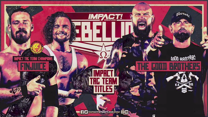 wrestle_hist's tweet image. 4/25/2021   

FinJuice defeated The Good Brothers to retain the Impact World Tag Team Championship at Rebellion from Skyway Studios in Nashville, Tennessee.    

#ImpactWrestling #TNA #Rebellion #FinJuice #DavidFinlay #JuiceRobinson #GoodBrothers #LukeGallows #DocGallows