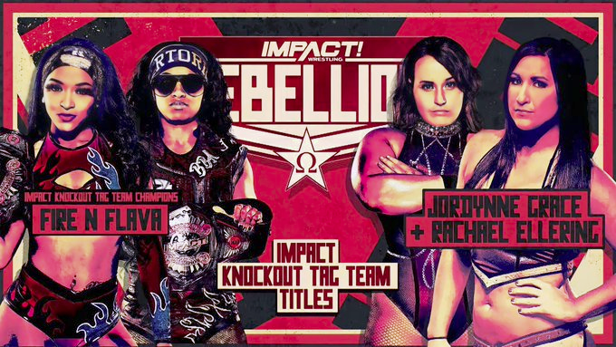 wrestle_hist's tweet image. 4/25/2021    

Jordynne Grace &amp;amp; Rachel Ellering defeated Fire 'N Flava to become the new Knockouts Tag Team Champions at Rebellion from Skyway Studios in Nashville, Tennessee. 

#ImpactWrestling #TNA #Rebellion #JordynneGrace #RachelEllering #FireNFlava #KieraHogan #TashaSteelz