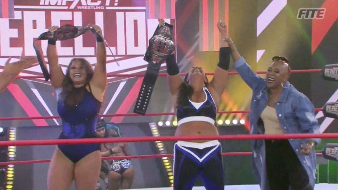 wrestle_hist's tweet image. 4/25/2021    

Jordynne Grace &amp;amp; Rachel Ellering defeated Fire 'N Flava to become the new Knockouts Tag Team Champions at Rebellion from Skyway Studios in Nashville, Tennessee. 

#ImpactWrestling #TNA #Rebellion #JordynneGrace #RachelEllering #FireNFlava #KieraHogan #TashaSteelz