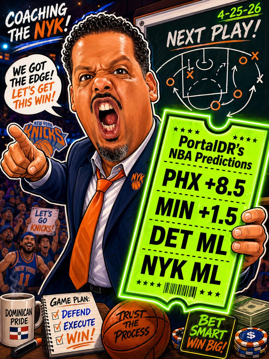 PortalDRPicks's tweet photo. 🎟️ PortalDR's NBA Playoff Card — 4/25/26
PHX +8.5
MIN +1.5
DET ML 
NYK ML
🇩🇴 Dominican Pride. Bet Smart. Win Big.
Follow for daily locks 👉 @PortalDRPicks
#NBAPlayoffs #SportsBetting #NBAPicks #Knicks https://t.co/PY4vS23dLT