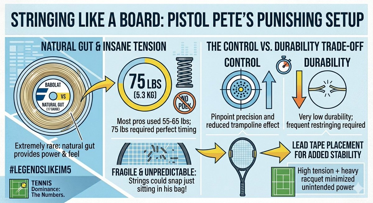 LegendLikeIm5's tweet image. 5: Stringing Like a Board

As a player, you'll find this wild: Pete used Babolat VS Natural Gut strung at a massive 75 lbs. 
It felt like a wooden board. 
This high tension gave him insane control, but strings would often snap just sitting in his bag! 🧵
​#TennisLife