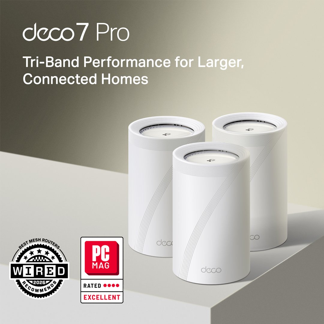 TPLINKUS's tweet image. PCMag Rated Excellent ⭐
Wired Recommends Best Mesh Routers 🏆
 
Grab the Deco 7 Pro and see what all the hype is about 🛜
Learn more: us.store.tapo.com/s/deco7pro_soc… 🔗
 
#tplink #deco #wifi7 #meshwifi #internet