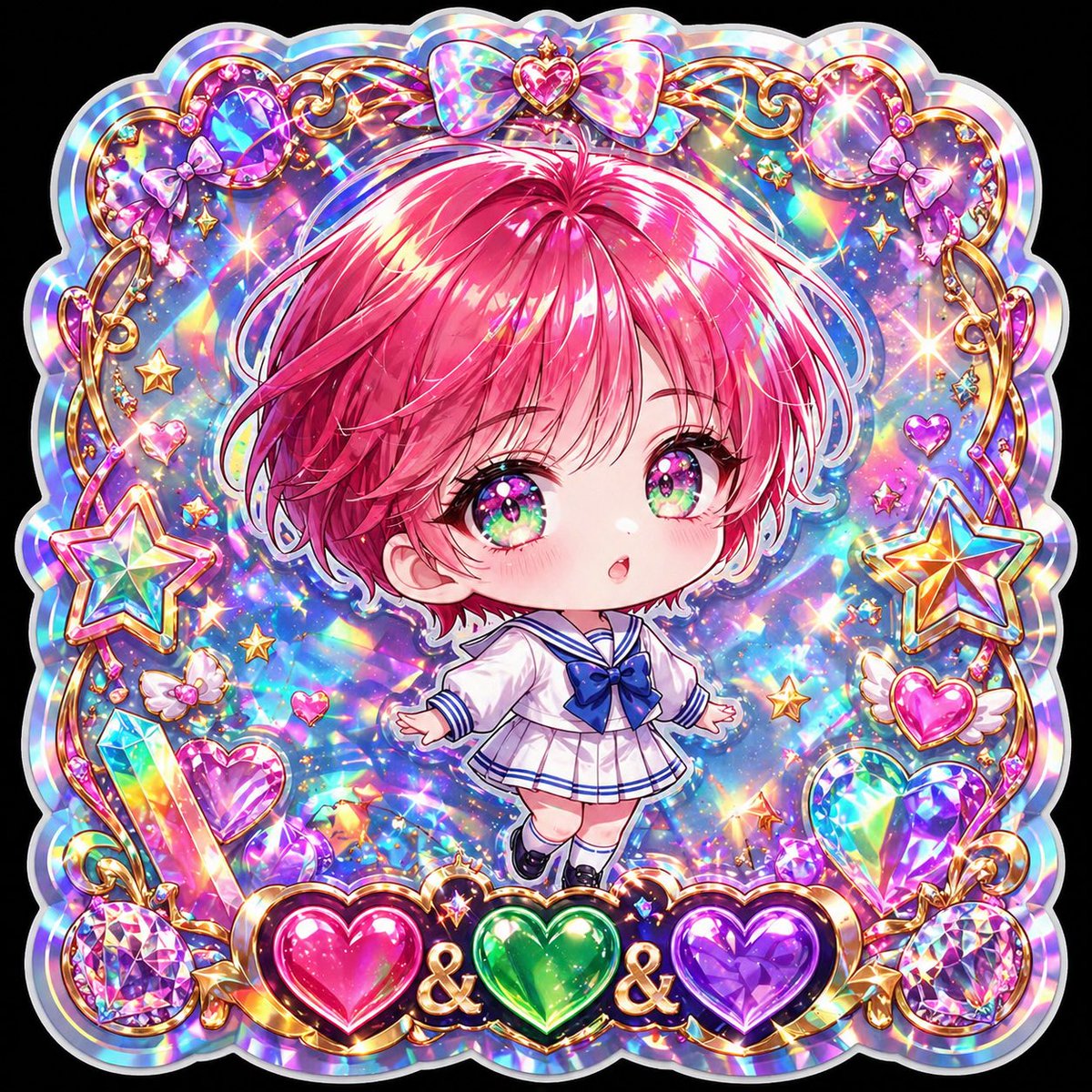siro_syn's tweet image. #シロずAngels #AIillustration

【キラキラシール？プロンプト】
どうせならみんなキラキラさせたいよねということで🫶
頭身が大きい子でもちびキャラにするように入ってるのでそのままChatGPTに画像投げてみてください。あと、ロゴの文字、文字位置の指定してね💚

Use the uploaded image as the