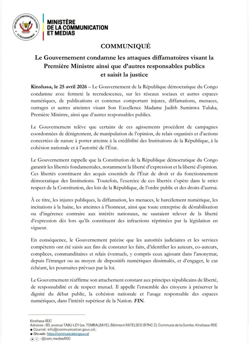 🚨🛑 ALERTE : LE GOUVERNEMENT DÉNONCE LA DÉRIVE NUMÉRIQUE ET RAPPELLE LA LOI !

Le Gouvernement de la République condamne avec la plus grande fermeté les attaques diffamatoires visant la Première Ministre Judith Suminwa Tuluka ainsi que d’autres responsables publics.
Si la