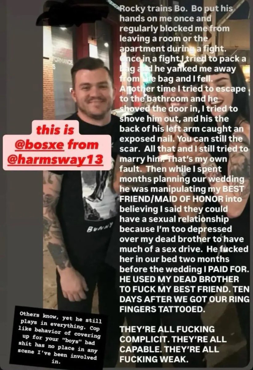 CaffeineGalaga's tweet photo. The ex-partner of Harm's Way guitarist Bo Lueders disclosed that he abused her. False accusations are exceedingly rare. There's zero evidence that she's lying. Abusers are notorious for attempting to evade accountability, including by suicide. Now what? https://t.co/NGvSrGhN6X