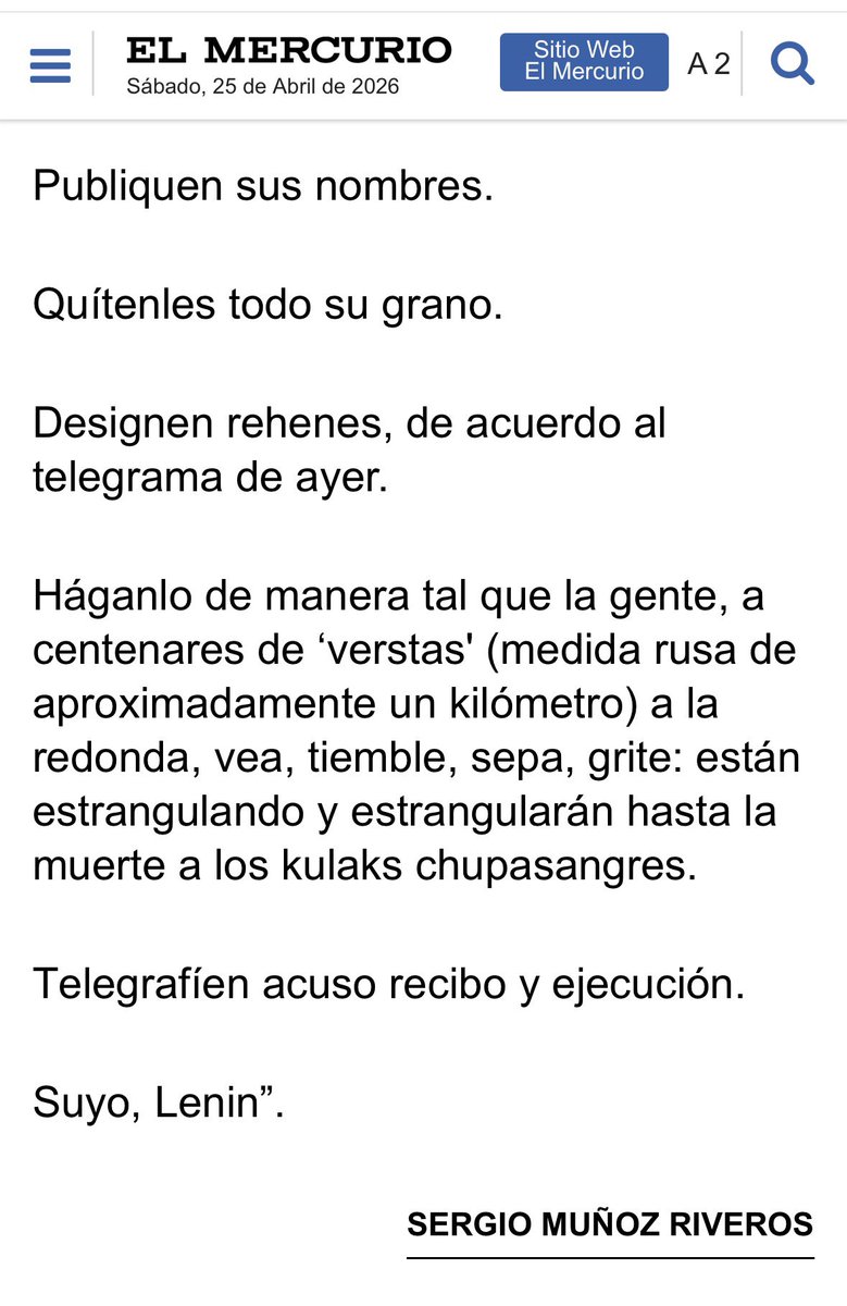 lcruzcoke's tweet photo. Hoy la carta de Sergio Muñoz Riveros, ex militante comunista por 30 años, preso político y exiliado, describe la crueldad con que Lenin aplicaba su política represiva.
Es de esperar que esto anime alguna piedad humana a promotores del indefendible leninismo en nuestra democracia https://t.co/uWjsNOamH2