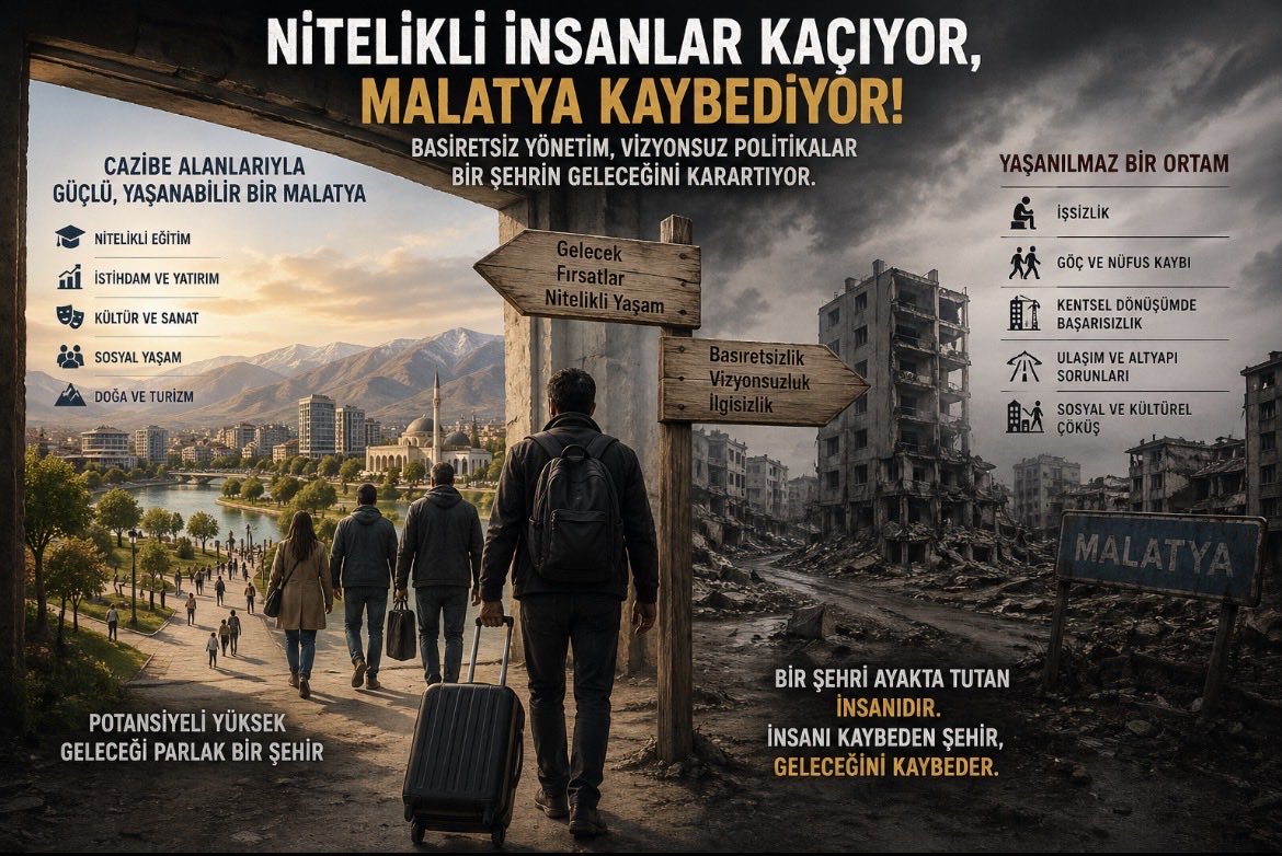 omercam44's tweet photo. Malatya’da bugün yaşanan en büyük kayıp, sadece ekonomik ya da fiziki değil; nitelikli insan gücünün sessizce şehri terk etmesidir. Yıllardır süregelen basiretsiz yönetim anlayışı, vizyonsuz projeler ve günü kurtarmaya yönelik politikalar, şehrin potansiyelini köreltmiş; eğitimli, üretken ve geleceğe katkı sunabilecek insanları başka şehirlerde hayat kurmaya mecbur bırakmıştır. Oysa bir şehir, insanıyla değer kazanır. Ne yazık ki Malatya, sahip olduğu tarih, kültür ve coğrafi avantajları güçlü cazibe alanlarına dönüştürememiş; sosyal yaşamdan istihdama kadar birçok alanda çekiciliğini yitirmiştir. Bu ilgisizlik ve plansızlık devam ettikçe şehir, kendi değerlerini kaybetmeye ve yaşanılması zor bir yer haline gelmeye mahkûm görünmektedir.

#yalnızTürk
#sadeceTürk
#Malatya