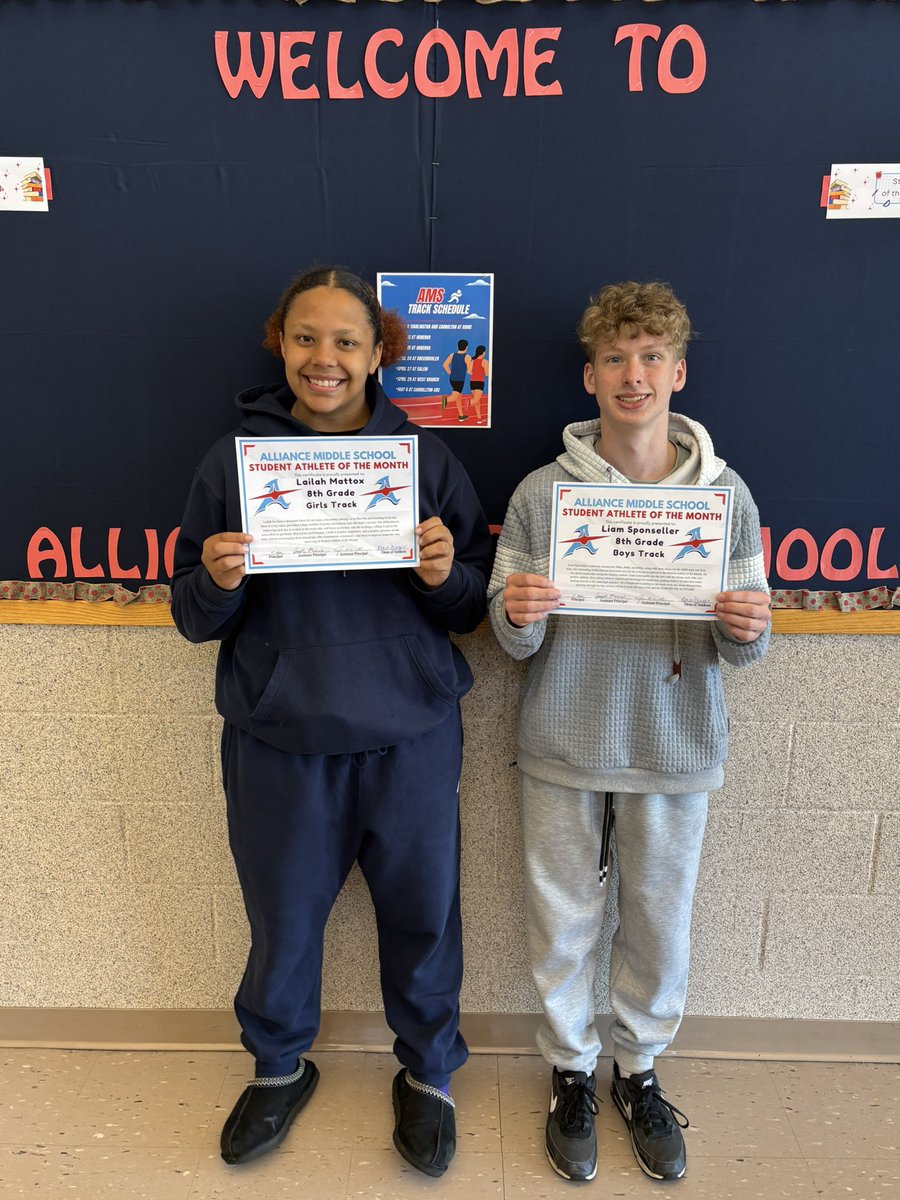 MrMosher_AMS's tweet image. AMS 8th Grade April Student-Athletes of the Month: 

Lailah Mattox - Girls Track &amp;amp; Field
Liam Sponseller - Boys Track &amp;amp; Field

Congratulations! #RepThatA @AllianceCSD @Aviator_AD