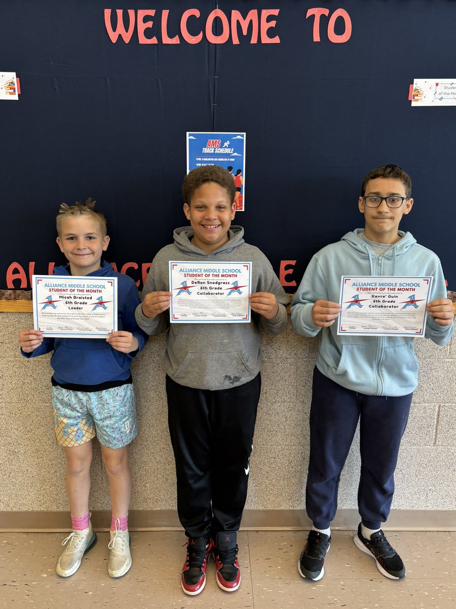 MrMosher_AMS's tweet image. AMS 6th Grade April Students of the Month &amp;amp; their Aviator Profile characteristic:

Micah Braisted - Leader
DeRon Snodgrass - Collaborator
Kavre Guin - Collaborator 

Congrats! Way to #RepThatA @AllianceCSD