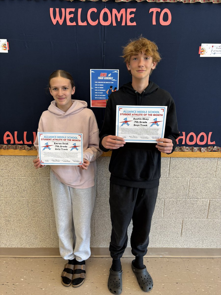 MrMosher_AMS's tweet image. AMS 7th Grade April Student-Athletes of the Month: 

Emree Doak - Girls Track &amp;amp; Field
Austin Ekey - Boys Track &amp;amp; Field

Congratulations! #RepThatA @AllianceCSD @Aviator_AD
