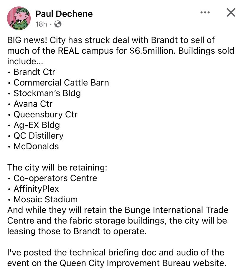 sqirlgirly's tweet image. #yqr #Regina #Saskatchewan

City will sell Brandt much of REAL DISTRICT for $6.5M
• Brandt Ctr
• Cattle Barn
• Stockman’s Bldg
• Avana Ctr 
• Queensbury Ctr
• Ag-EX Bldg
• QC Distillery
• McDonalds

Will lease them BITC &amp;amp; fabric storage to operate

queencityib.com/blog/2026/4/24…