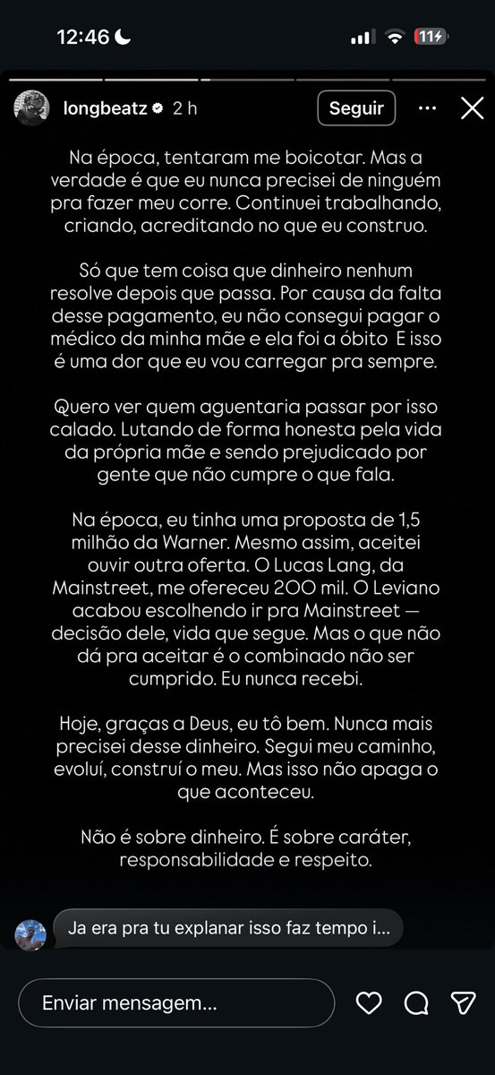 Produtor Long Beatz afirma ter tomado calote da Mainstreet e que dívida impediu de pagar tratamento para mãe 

“Por causa da falta desse pagamento, eu não conseguir pagar o médico da minha mãe e ela foi a óbito, e isso é uma dor que vou carregar pra sempre”