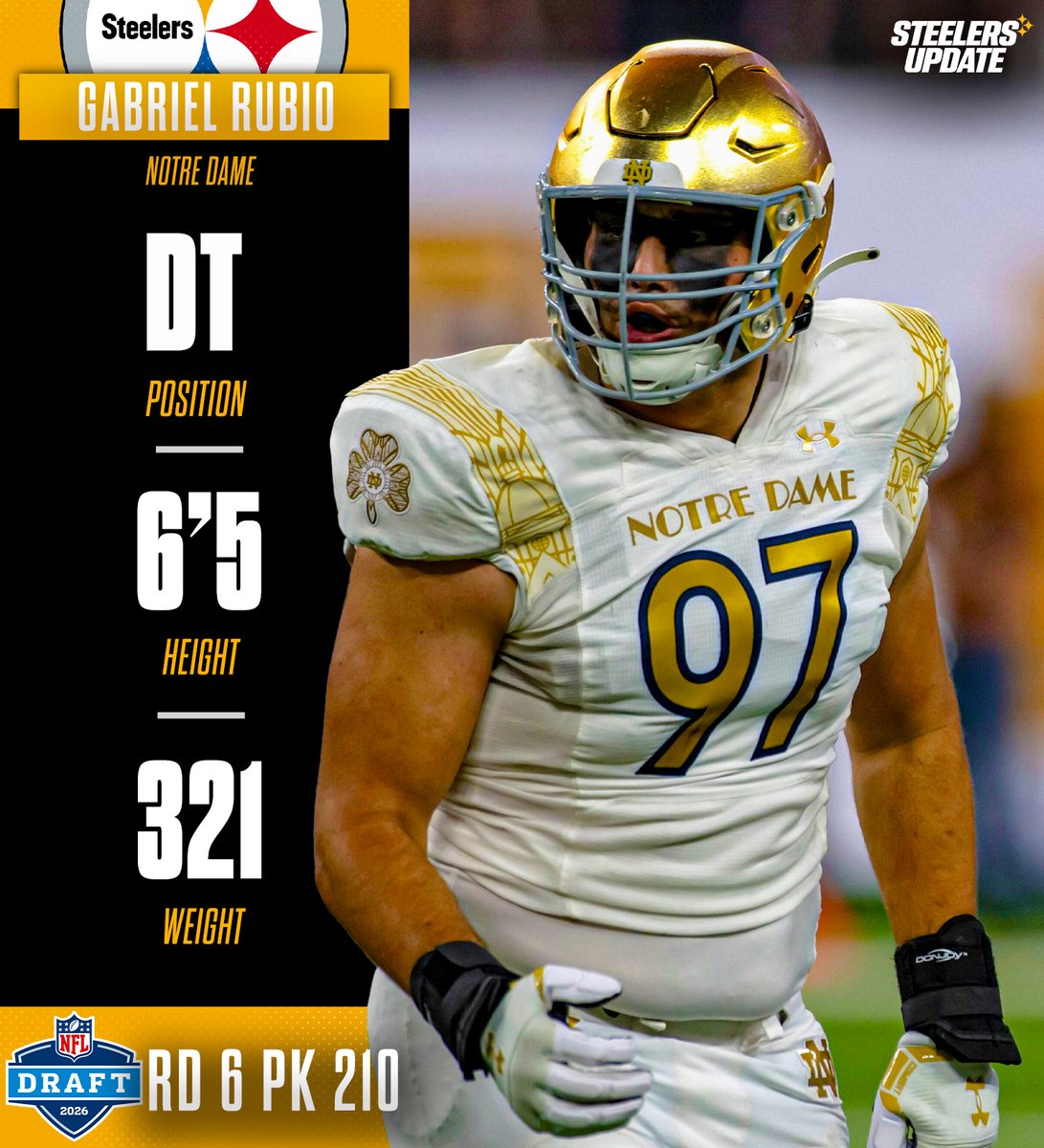 SteelersUpdate1's tweet image. With the 210th overall pick in the 2026 #NFL Draft, the Pittsburgh #Steelers select Gabriel Rubio, DT, Notre Dame.

Thoughts on the pick? 🤔