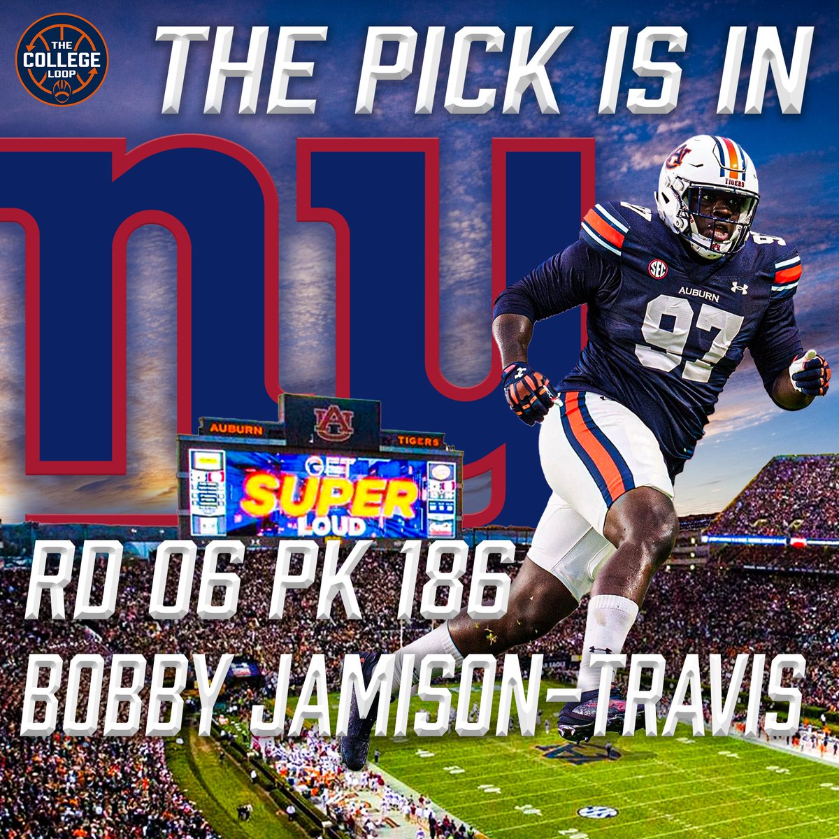TheCollegeLoop's tweet image. THE PICK IS IN: Bobby Jamison-Travis becomes the fifth Tiger off the board as the Giants take him in the 6th round! #WarEagle #FeelinLoopy #AuburnFootball #GiantsPride #NFLDraft2026