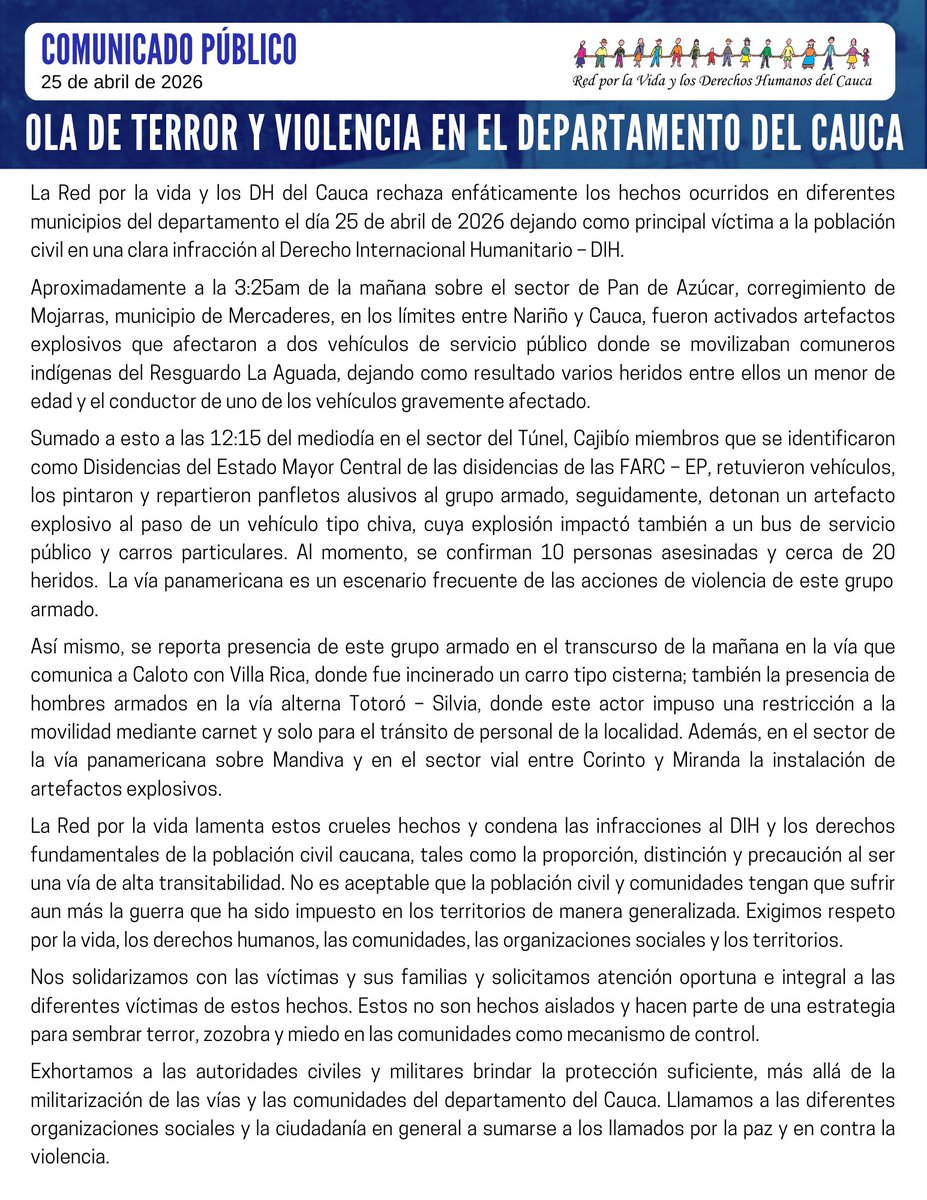 Red por la Vida y los Derechos Humanos del Cauca tweet media
