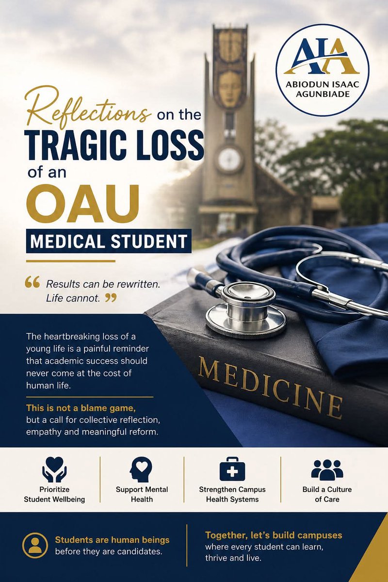 de_row111's tweet image. The reported death of a 400-level medical student of Obafemi Awolowo University, who allegedly collapsed moments before his final examination, is a heartbreaking reminder that academic success should never come at the cost of human life.

#Education 
#Life
#Death
#OAU
#Student