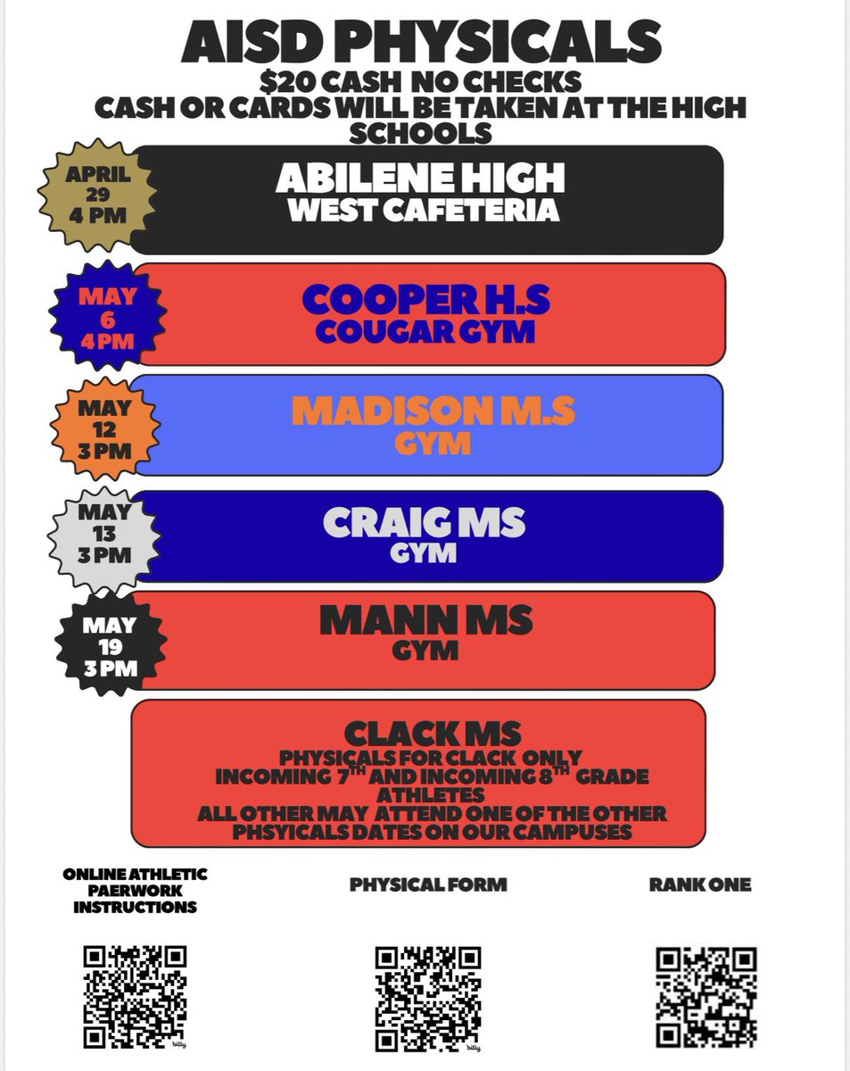 Eagercoogle1's tweet photo. ABILENE ISD PHYSICALS:
Middle School including Pre Athletic 6th graders, High school athletes, Marching Band, Cheer/Spirit groups and Dance. 
Bring physical form (medical history form) filled out and signed! Please include ID number on Physical. 
Wear loose shirt and shorts. https://t.co/z7lBgVHcGH