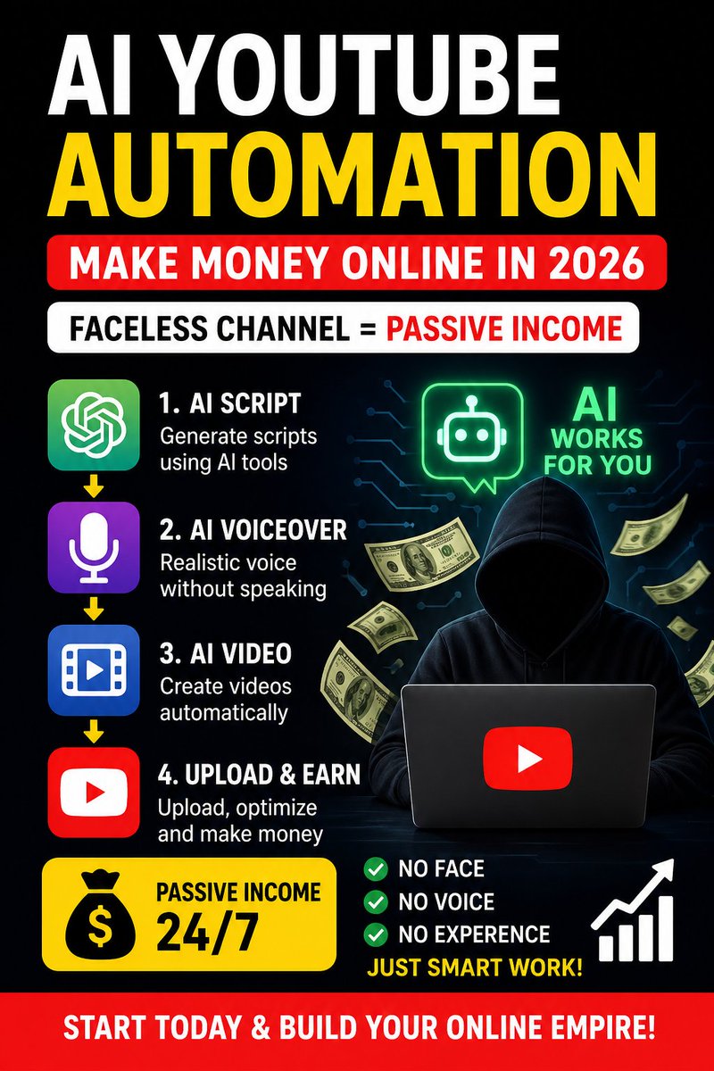 Slimaniz's tweet photo. Make money on YouTube in 2026… without showing your face 🤯
AI does everything:
• Script ✍️
• Voice 🎙️
• Video 🎬
Start your faceless channel today 👇
https://t.co/893424PZfl⁠�
#AI #YouTubeAutomation #MakeMoneyOnline #PassiveIncome https://t.co/xyhJcdOCYJ