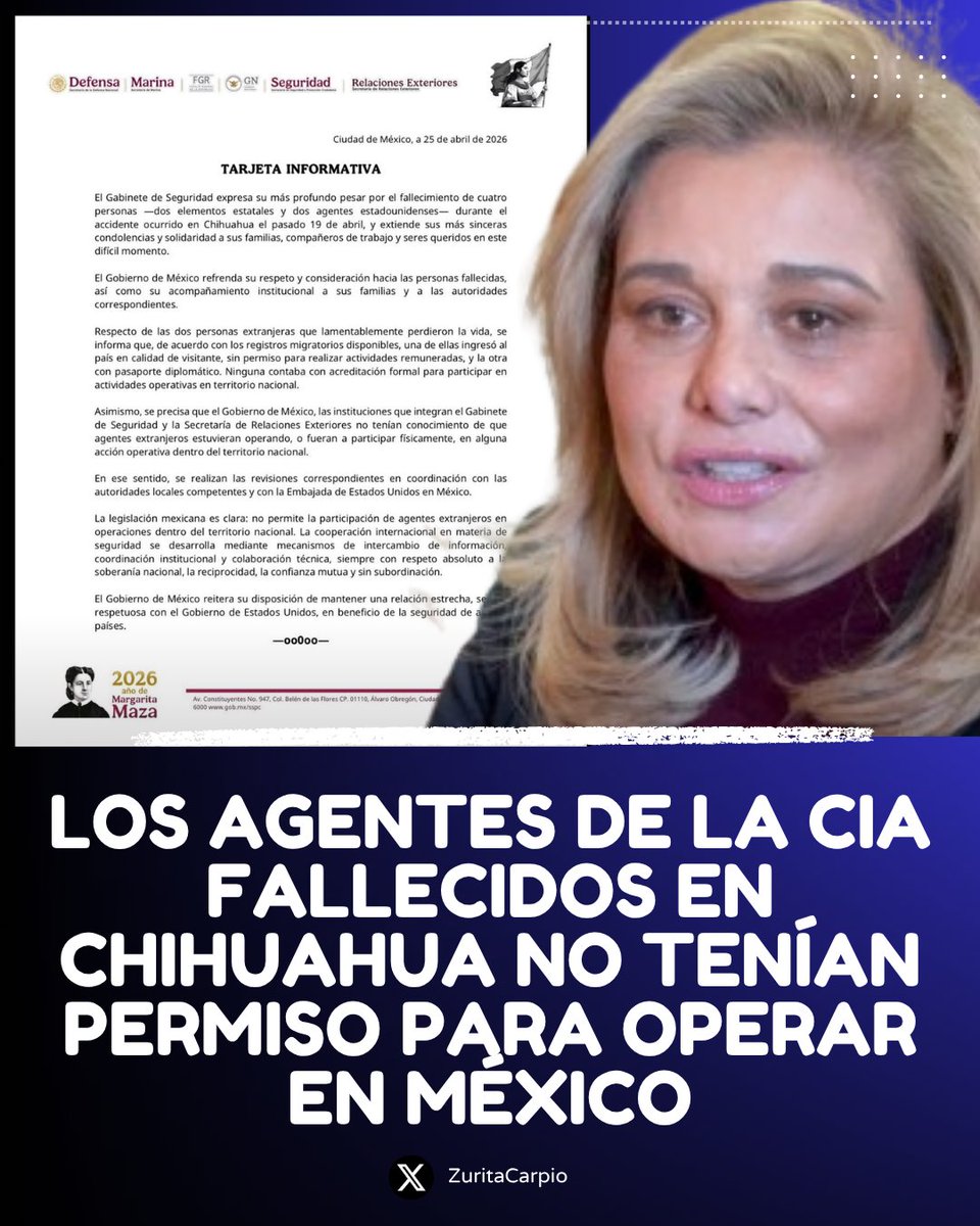 ZuritaCarpio's tweet image. El Gobierno de México informó que los dos agentes de la #CIA fallecidos el 19 de abril en #Chihuahua no tenían permiso para operar en  el país: uno ingresó como visitante y otro con pasaporte diplomático, pero ninguno con acreditación formal.
La historia no los olvida: desde el