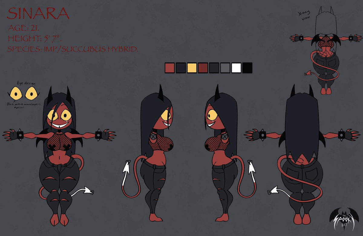 Made Sinara a character model sheet. #Sinara #HelluvaBoss #helluvabossoc #originalcharacter #imp #succubus #demongirl #thickthighs #bigbreasts