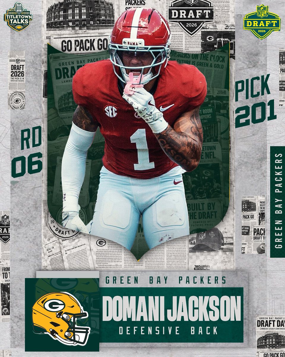 TitleTownTalks's tweet photo. With the 201st pick in the #NFLdraft the Green Bay Packers select Domani Jackson (CB) Alabama 🐘

The #Packers are adding much needed corner depth to round out the draft. https://t.co/0UHEQb6H99