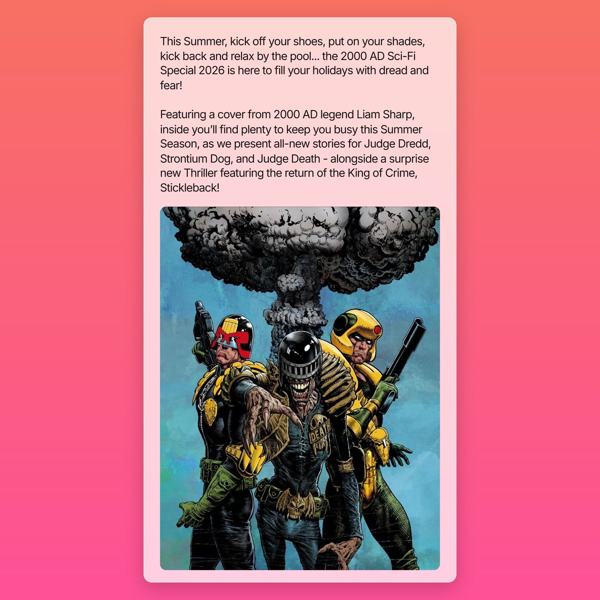 michaeljnimmo's tweet image. The 2000 AD Sci-Fi Special 2026 Heats Up Your July!

It’s always great to see these summer specials from Rebellion, and now they have announced this year’s offering with the 2000 AD Sci-Fi Special 2026.

comics.3millionyears.co.uk/i/195212148/th…

#2000AD #Rebellion