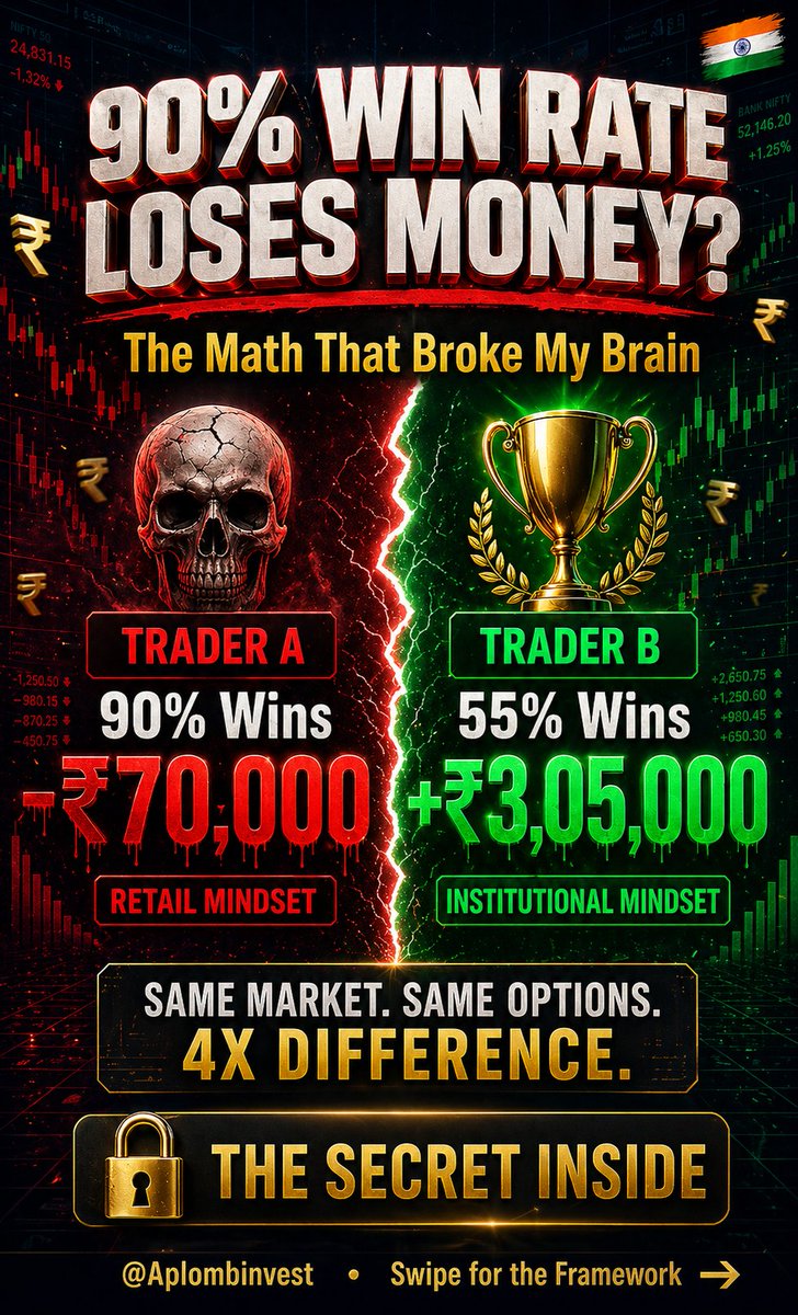 Sach kahun?

Tumhari strategy nahi, tumhari MATHS galat hai.

Ek 55% accuracy wala trader 90% accuracy wale se zyada kamata hai.

Kaise? Risk:Reward magic 🧵

📊 Trader A (Retail Mindset):
• Win rate: 90%
• Avg Win: ₹2,000
• Avg Loss: ₹25,000 (no SL, "wapas aa jayega")
•