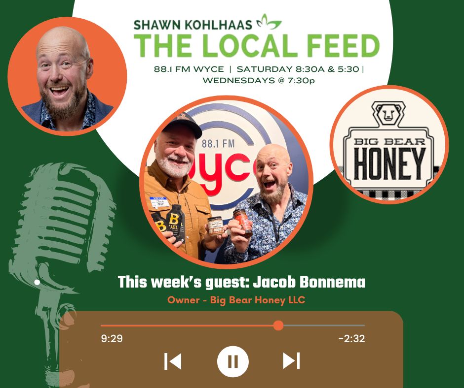 TODAY: Jacob Bonnema, the Owner of Big Bear Honey LLC, is our guest on The Local Feed! Tune in by following the link below! The show airs at 5:30pm! 💛🍯

ow.ly/UOmI50W6xic

#WYCE #TheLocalFeed #communityradio