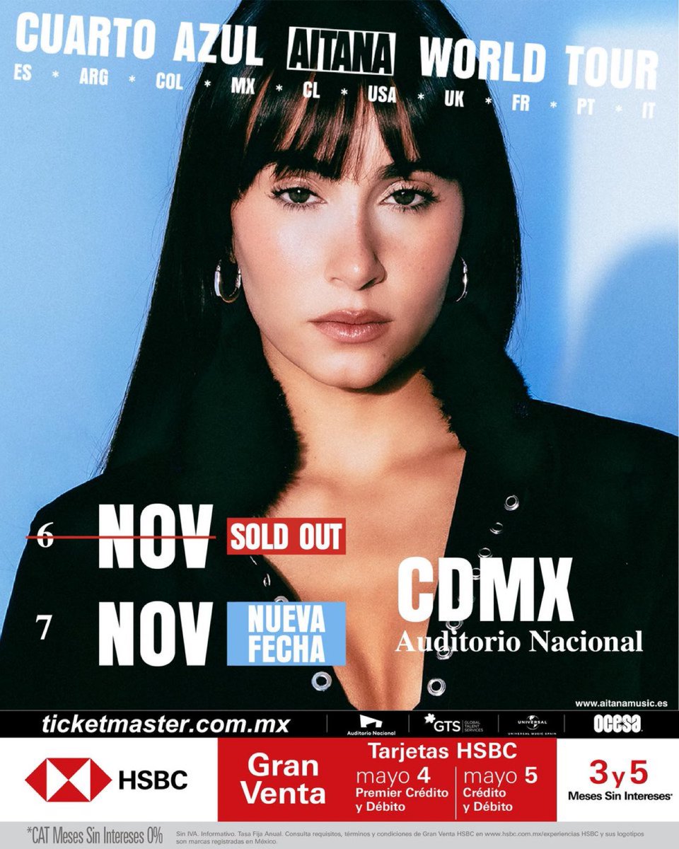 AITANA
NUEVA FECHA EN CDMX 

7 NOVIEMBRE

Preventa HSBC 4 y 5 de Mayo