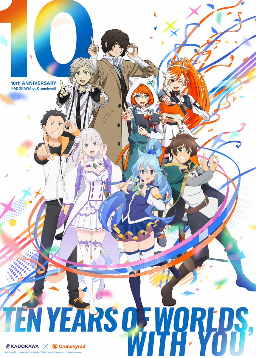WDN_Topic's tweet image. 📺 | Anime
Nuevo visual especial por el décimo aniversario de la alianza Kadokawa x Crunchyroll. #Anime #Crunchyroll #Kadokawa #ReZero #Konosuba  #BungoStrayDogs