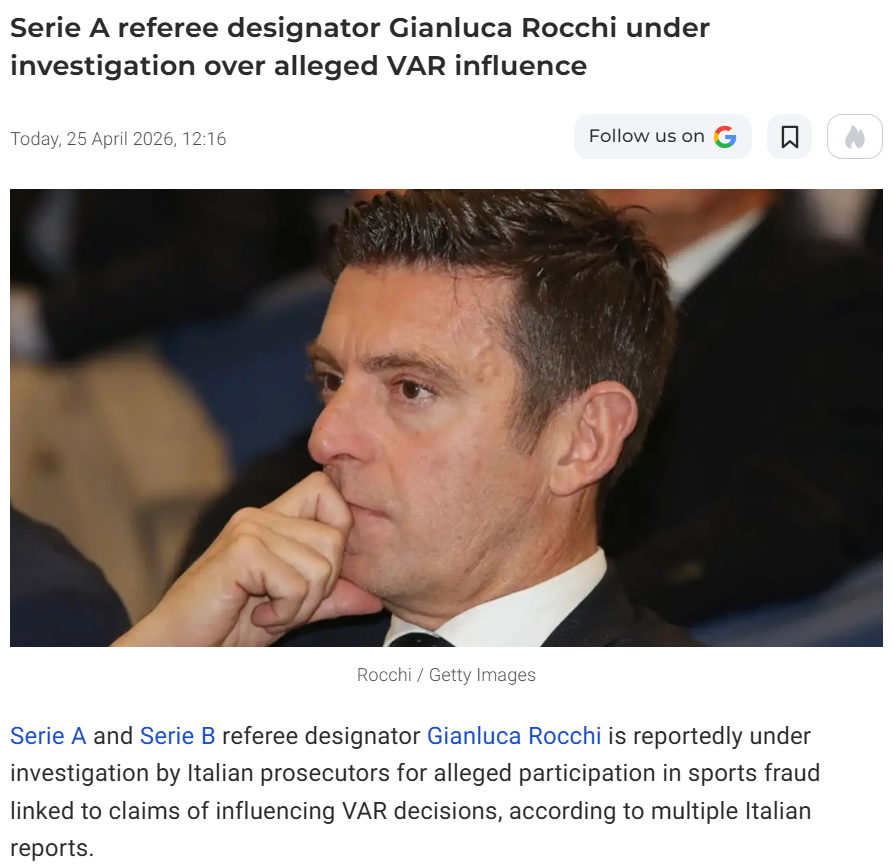 İtalya'da hakem atamalarını yapan kurulun başkanı Gianluca Rocchi hakkında VAR kararlarını etkilemekten ve Inter'in istediği hakemleri maçlara atamaktan soruşturma açılıyor ama bizde MHK da tertemiz, hakemler de tertemiz :)