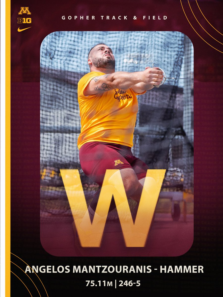 GopherCCTF's tweet image. BOTH Angelos Mantzouranis and Hadley Streit picked up wins with 70+ meter throws in the championship sections of the hammer at the @DrakeRelays! 

#ncaaTF | #Gophers
