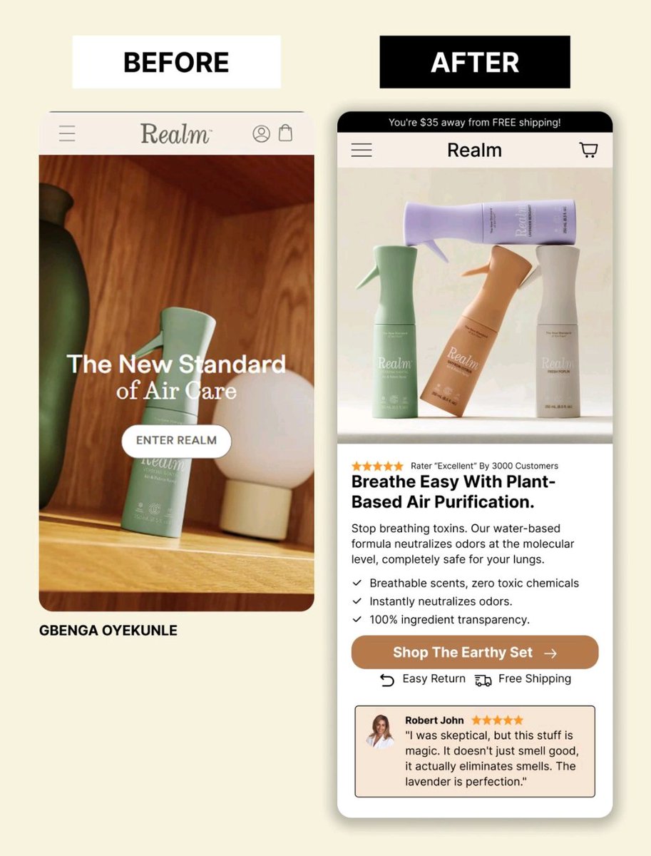 oyega001's tweet image. BEFORE
1. Headline focused on the feature
2. No review/testimonial
3. Cluttered hierarchy between text and image

AFTER:
1. Headline focused on the outcome
2. Prominent review and testimonial
3. Optimized to avoid confusion

#ProductDesign #UIUX #ConversionRate #FigmaDesign