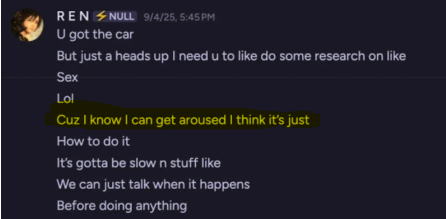 Ivory2131's tweet photo. @NickElements there was no coercion, furthermore I'm guessing you don't know the context of that message because if you did, you'd realize its them talking about why she didnt get wet and ways she thinks they can make it happen. Also in this very same message she says implies consent was given https://t.co/kD9ZFsKDy9