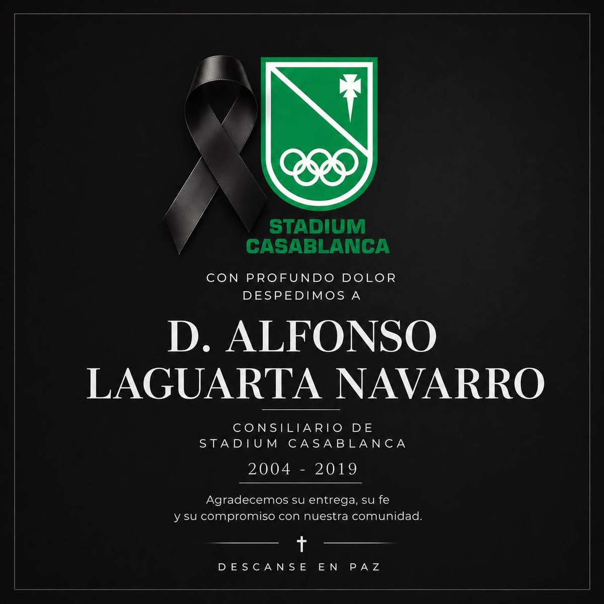 jemolgui's tweet photo. 🕊️... Hoy, es un día triste para 
Stadium Casablanca, pues ha fallecido D. Alfonso Laguarta Navarro quien fuera Consiliario de nuestro club entre 2004 y 2019. Unirnos al dolor de su familia y amigos ... D.  E. P ... ☝🏻 ... 💚💚💚 https://t.co/jTfE8hLNSY