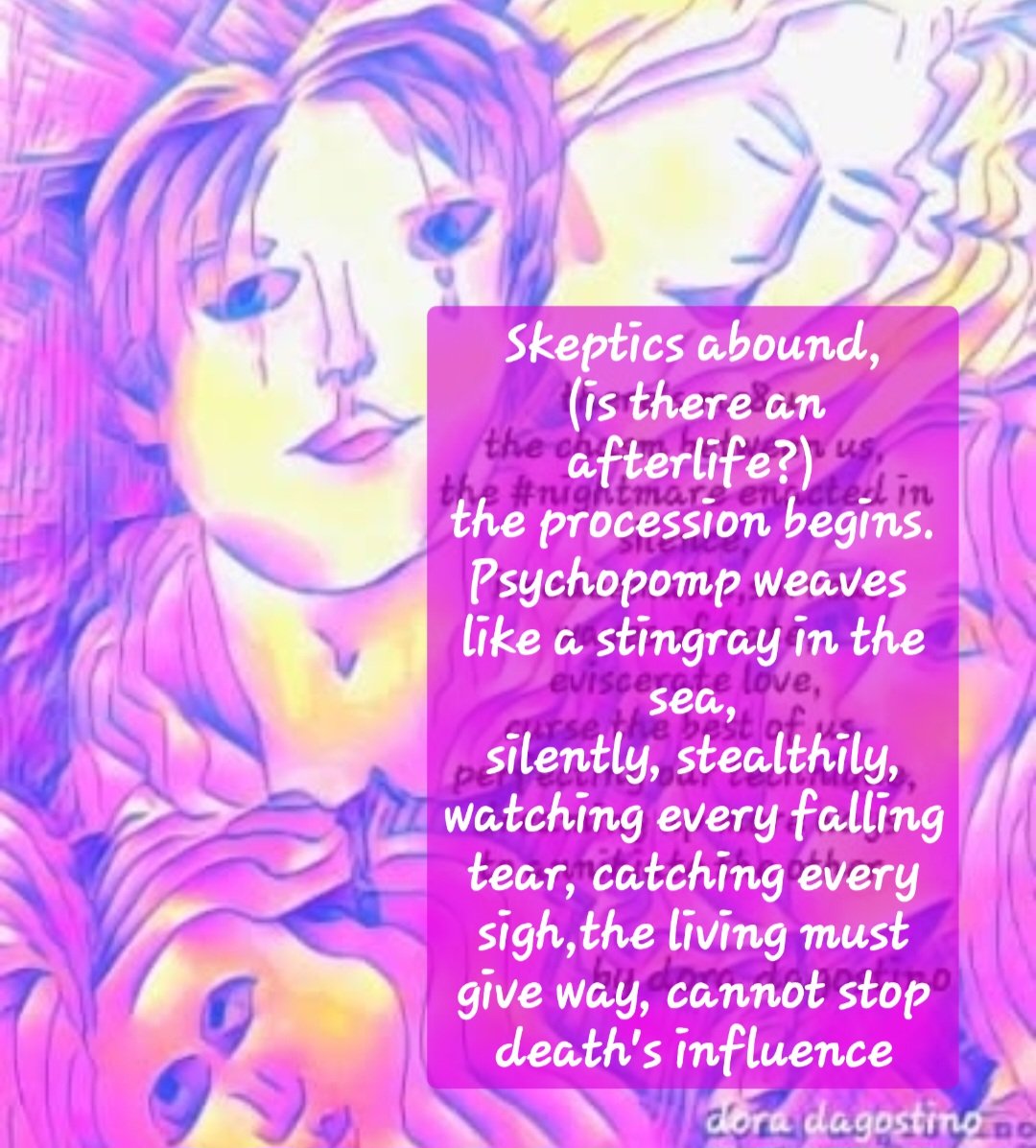 ArtistDora's tweet image. #vss365 #Psychopomp #WritingCommunity #PoetryCommunity #MicroPoem
Skeptics abound,
(is there an afterlife?)
the procession begins. #Psychopomp....
Used the same drawing for another prompt but can't find my original so I just typed over an old prompt.