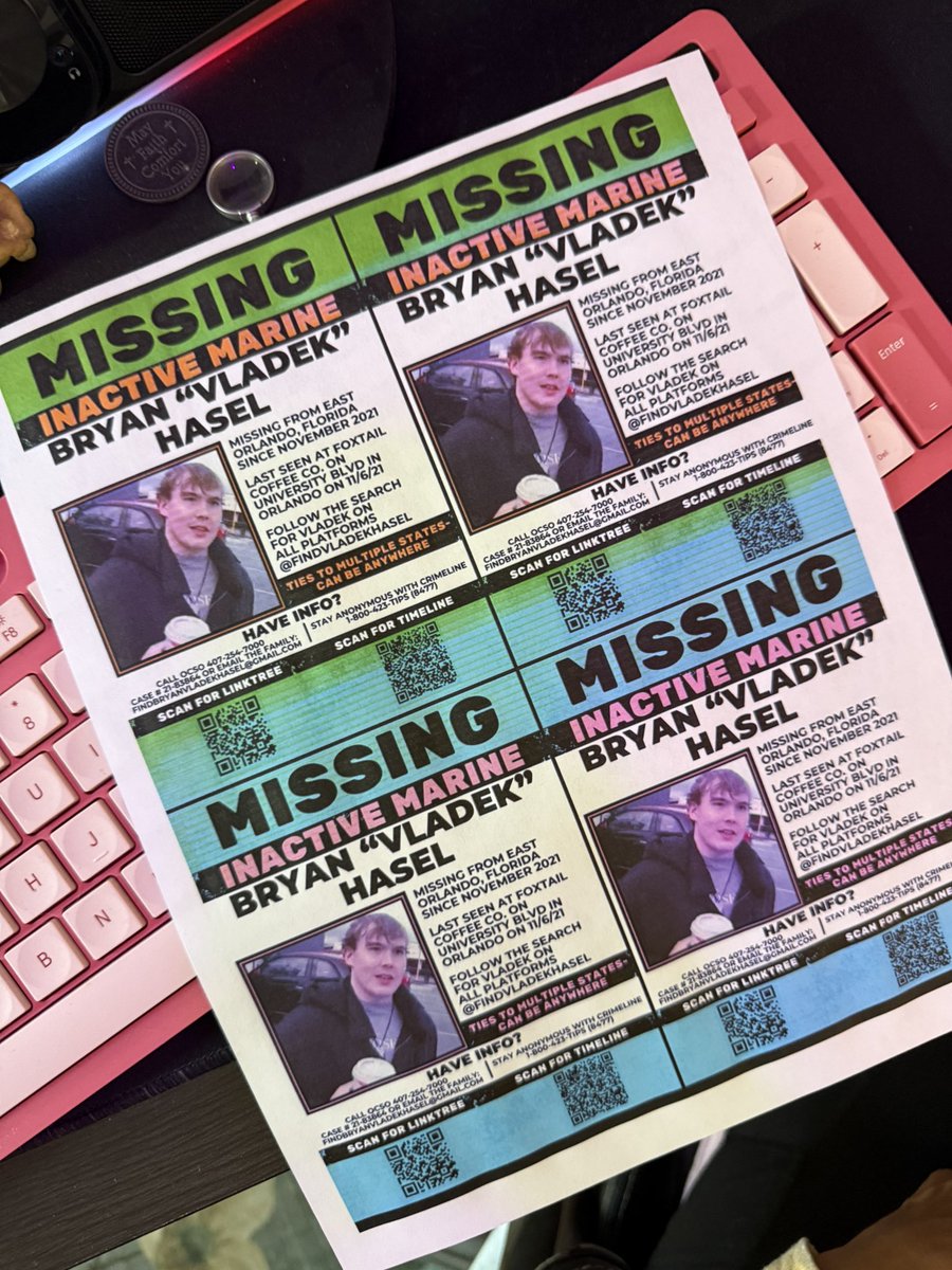 sara__leee's tweet photo. Print, cut, throw some tape in your car and tape these up at gas pumps! 
(And for me, go get more ink) 
🙏💚🗣️ #missing #orlando https://t.co/gVQXhI5xqQ